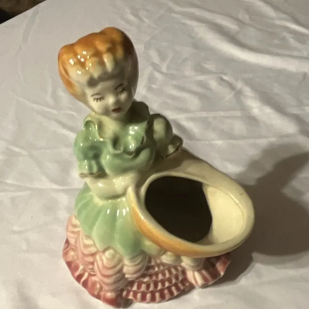 Vintage Ceramic Woman Figurine Bud Vase, Green Dress Pink Base, Small Gloss 6 in